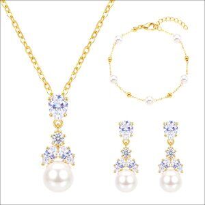 18K Gold Plated Cubic Zirconia Pearl Jewelry Set Necklace Earrings Bracelet